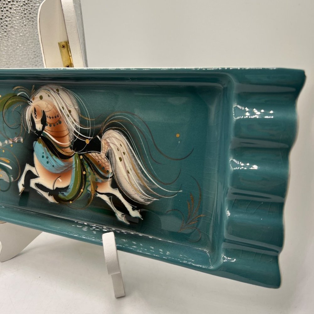 Sascha Brastoff Teal Edged Galloping Stallion Mid Century Ashtray - Picture 5 of 13